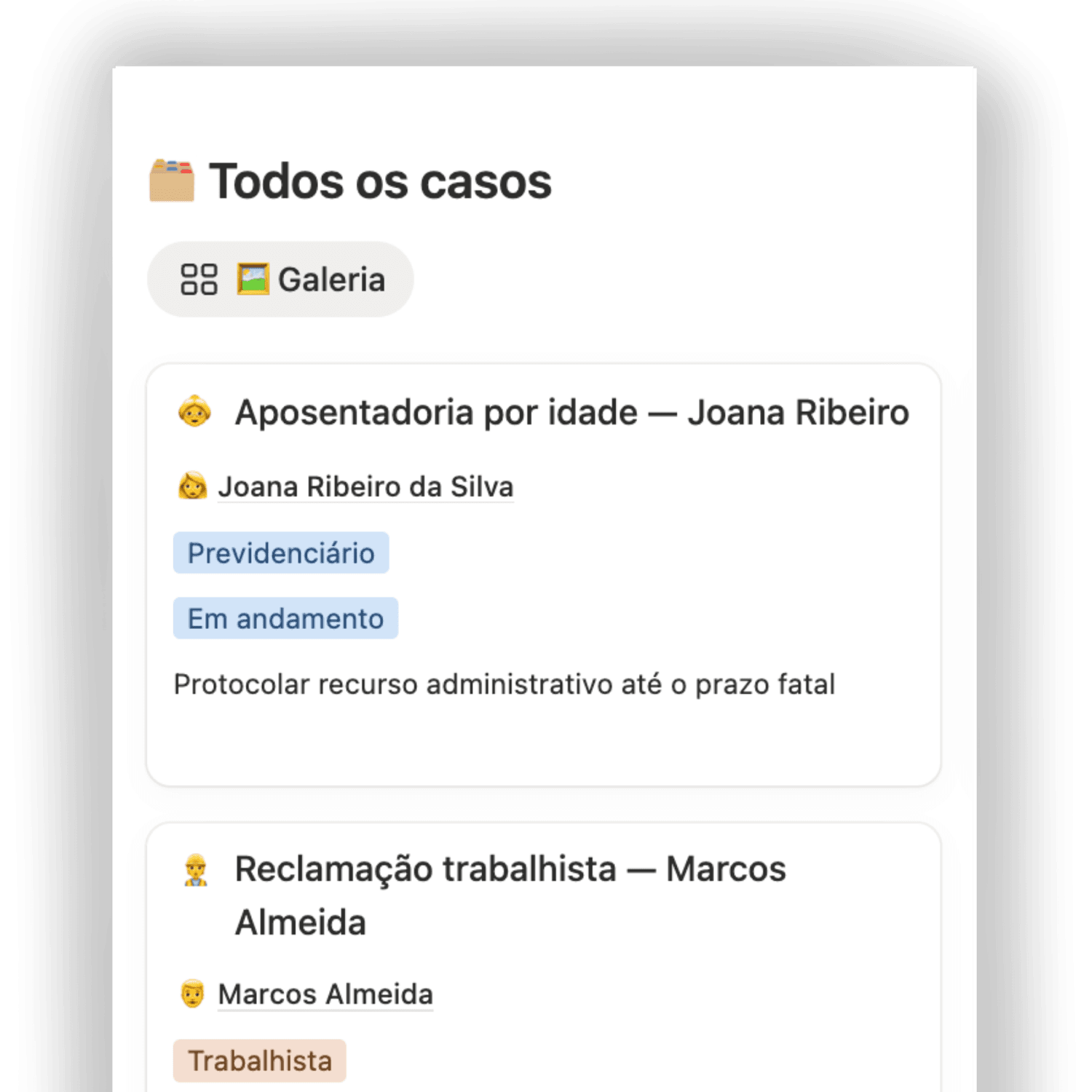 Casos organizados em cartões