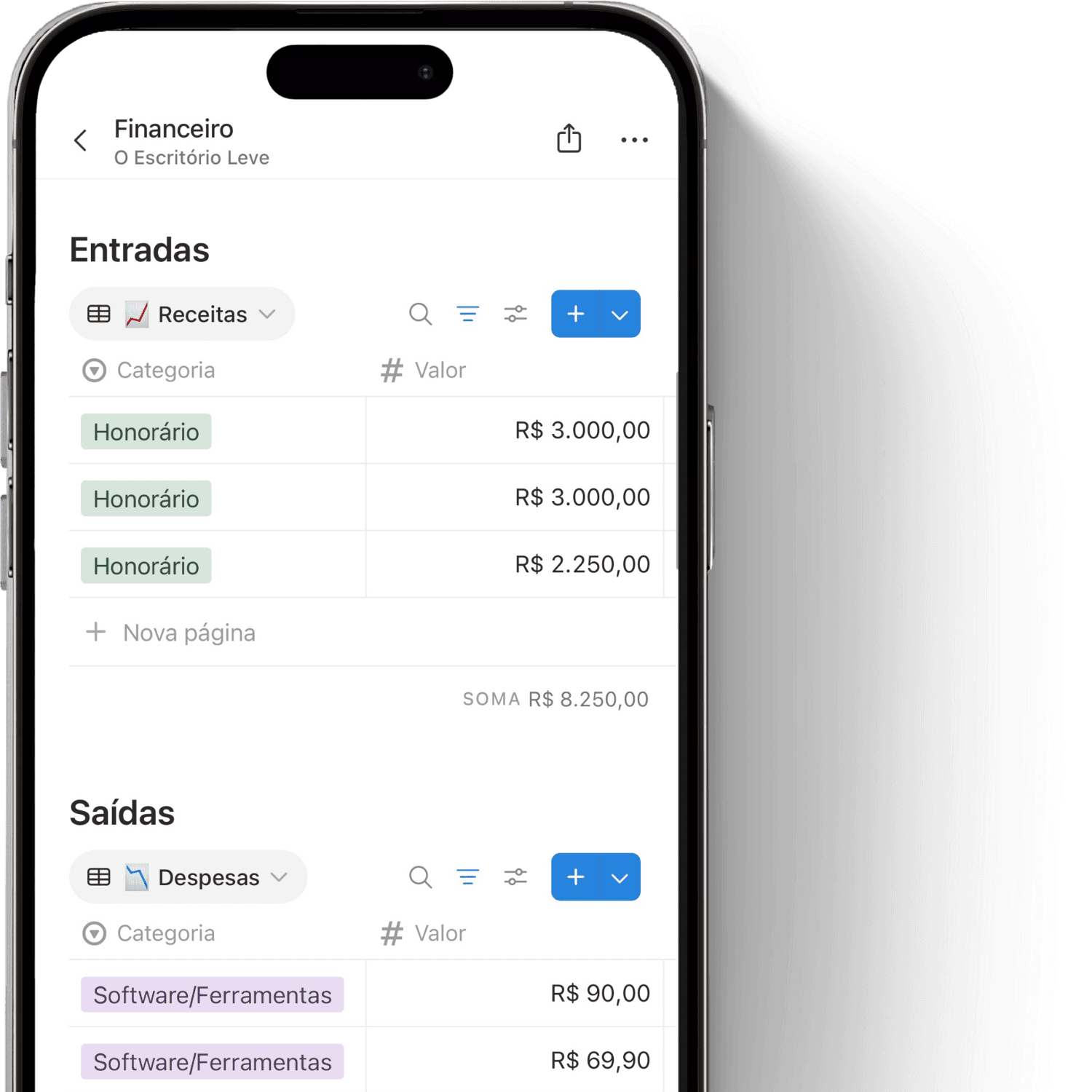 Financeiro com entradas e saídas