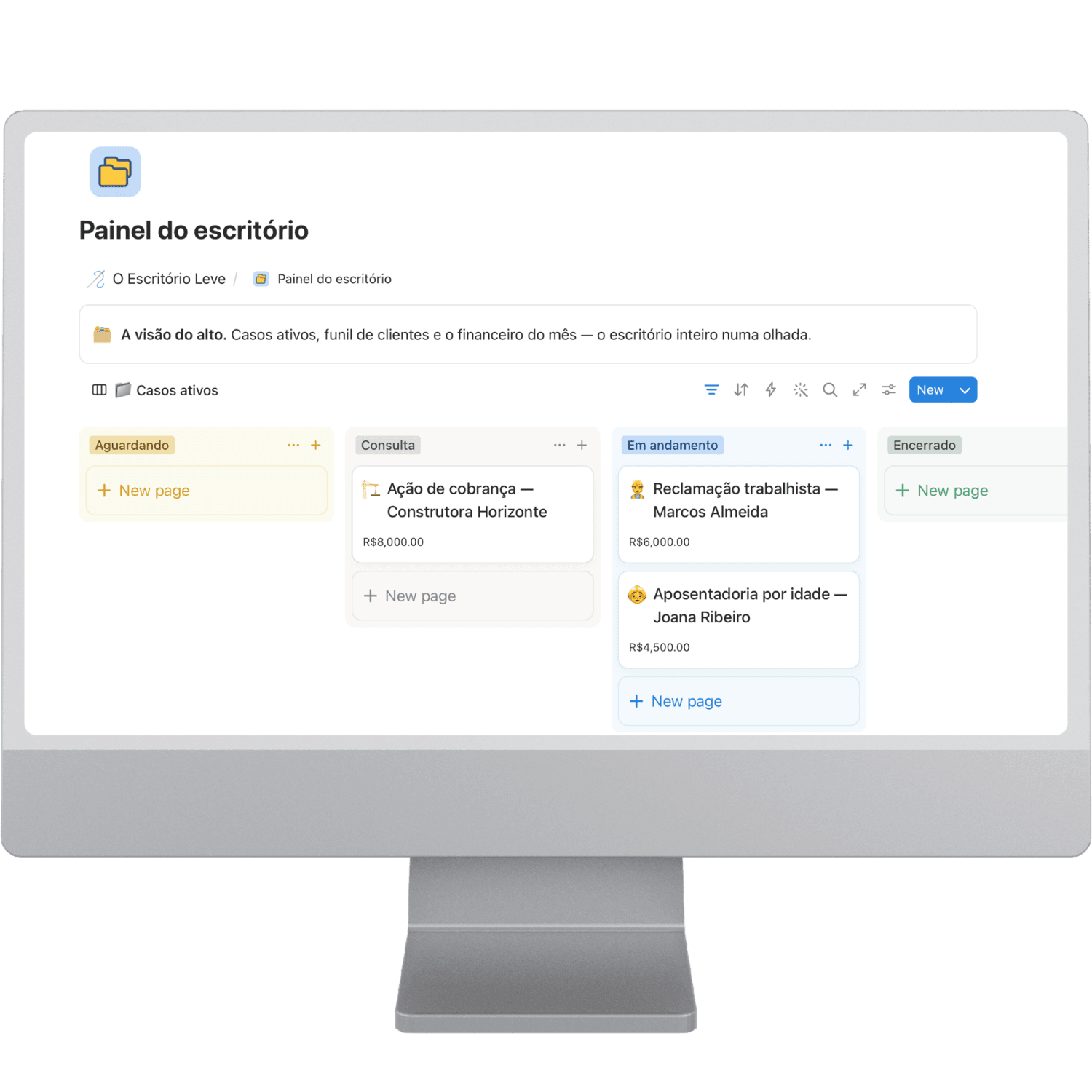 Painel do escritório com os casos ativos