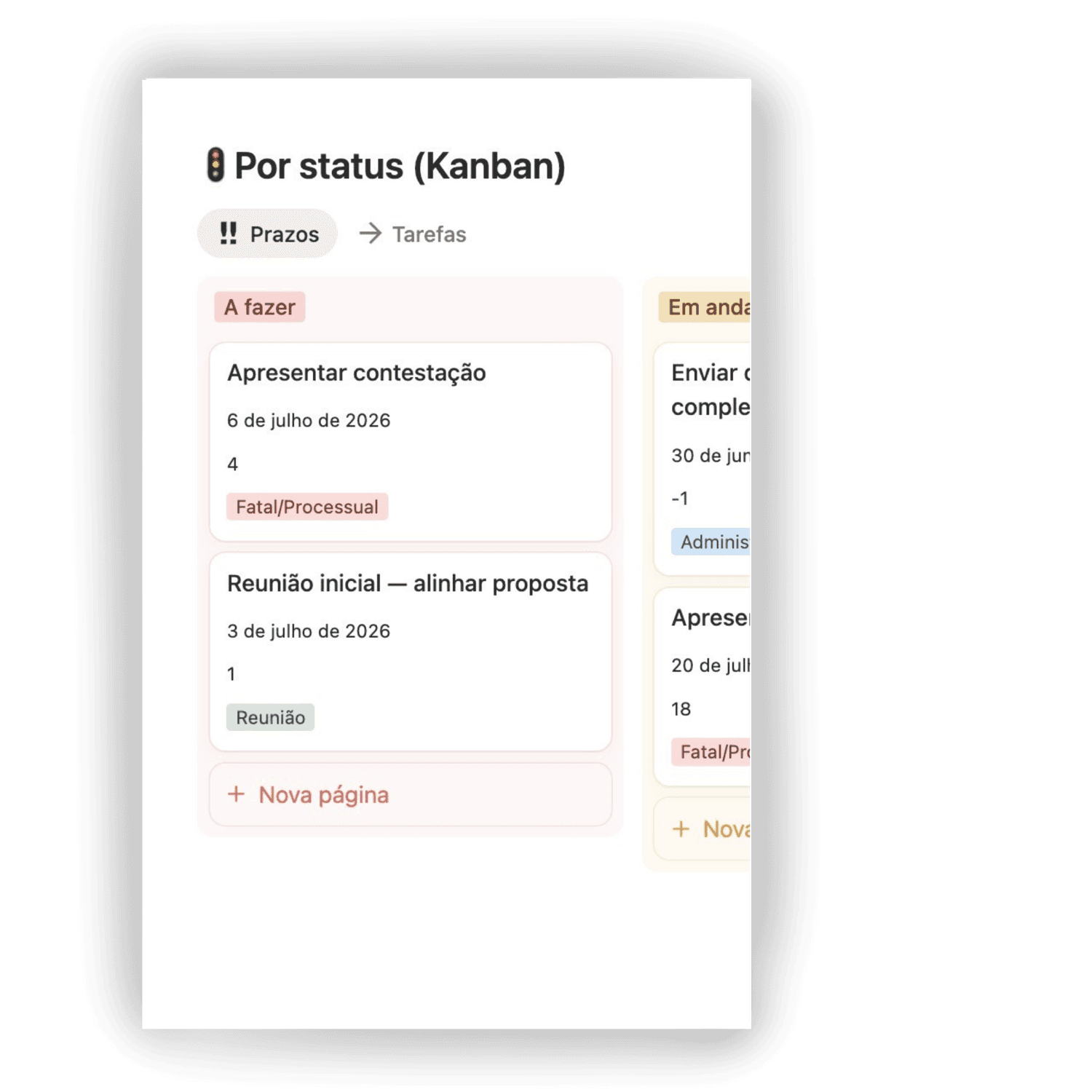 Prazos organizados por status em kanban
