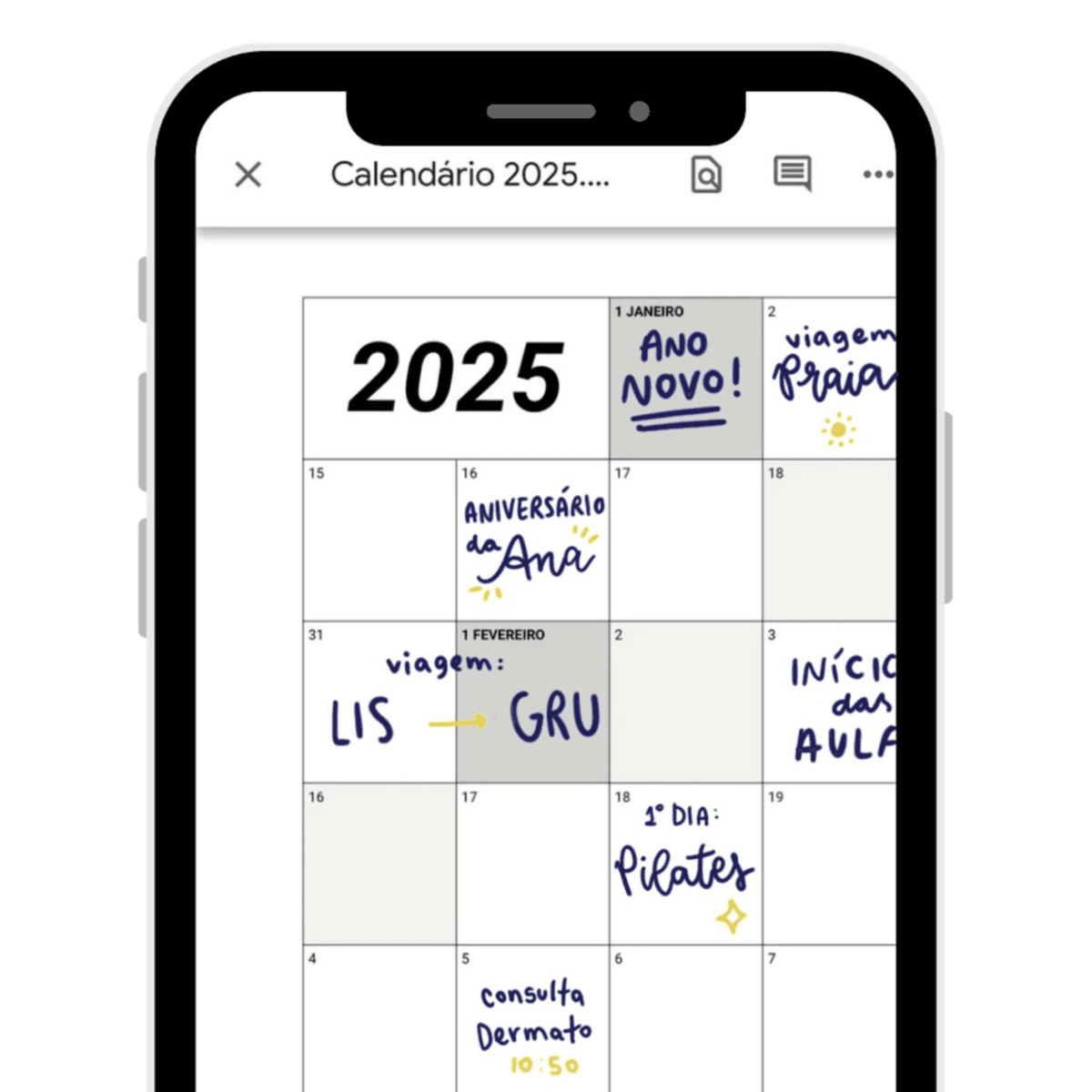 Calendário 2025 aberto no celular com anotações