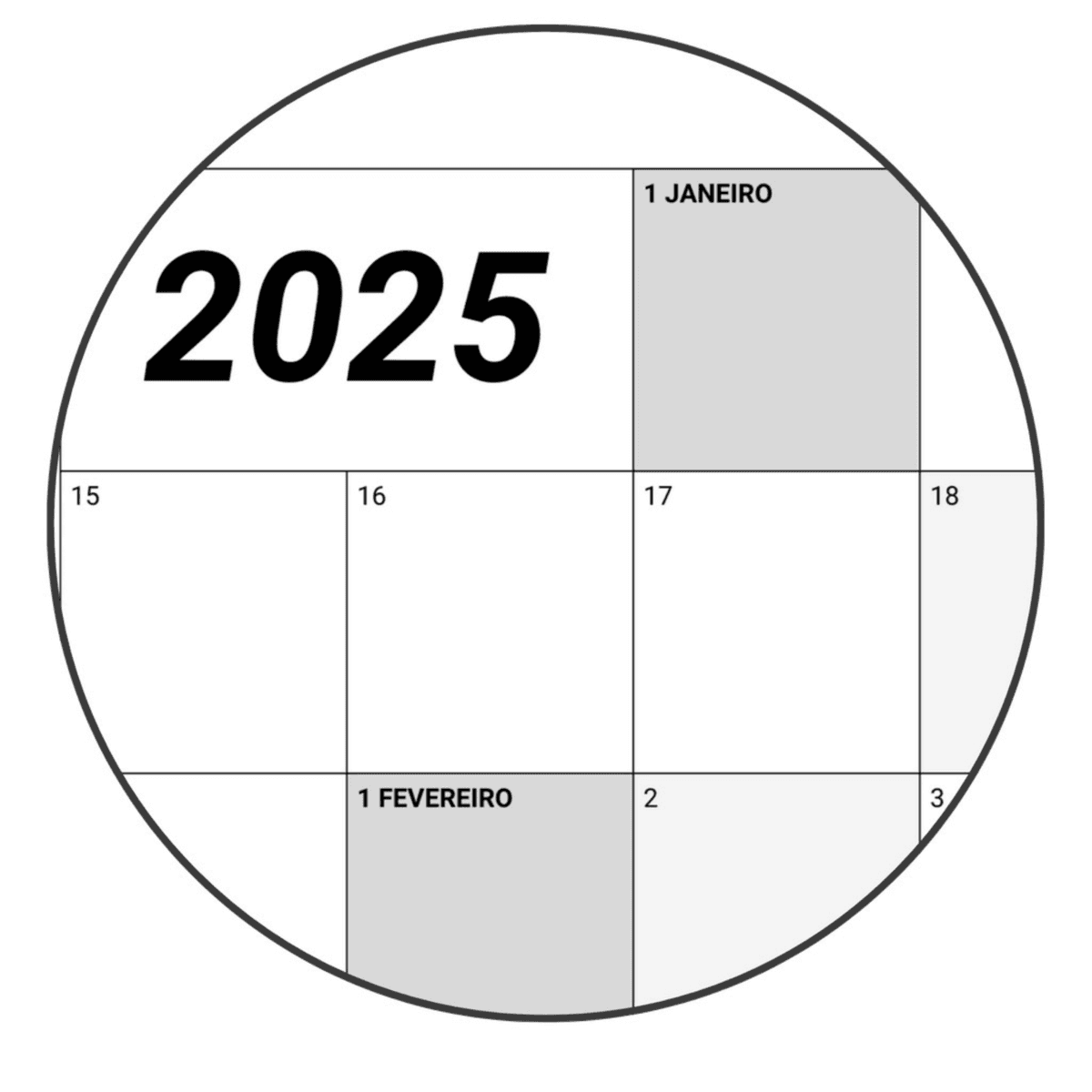 Detalhe do calendário mostrando os dias de janeiro